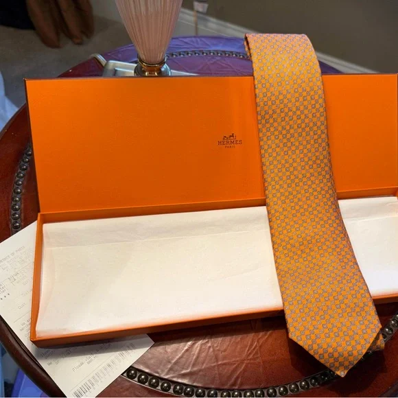 Hermes Vibrant Orange and Blue Patterned Tie - Picture 1 of 4